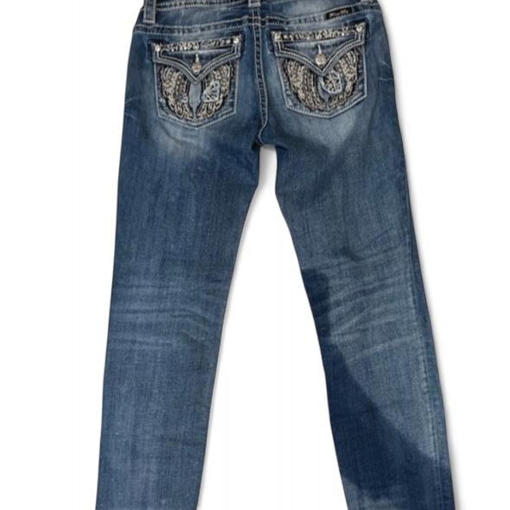 Miss Me Signature Ankle Skinny Jeans 28 Rhinestone Wing Pocket Y2K McBling Blue